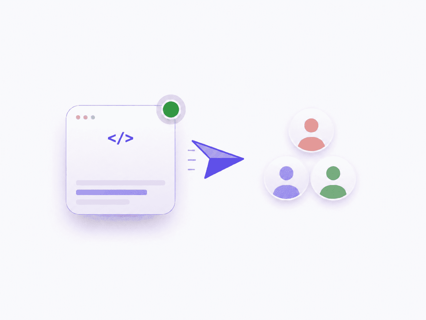 A running application card sending a paper plane to a cluster of three team-member avatars